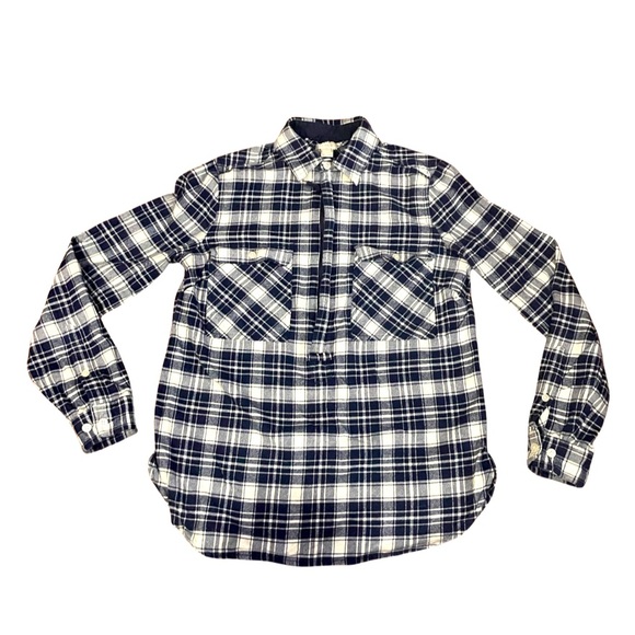 J. Crew Tops - J Crew Flannel Shirt Jacket blue white plaid half zip front size XXS long sleeve